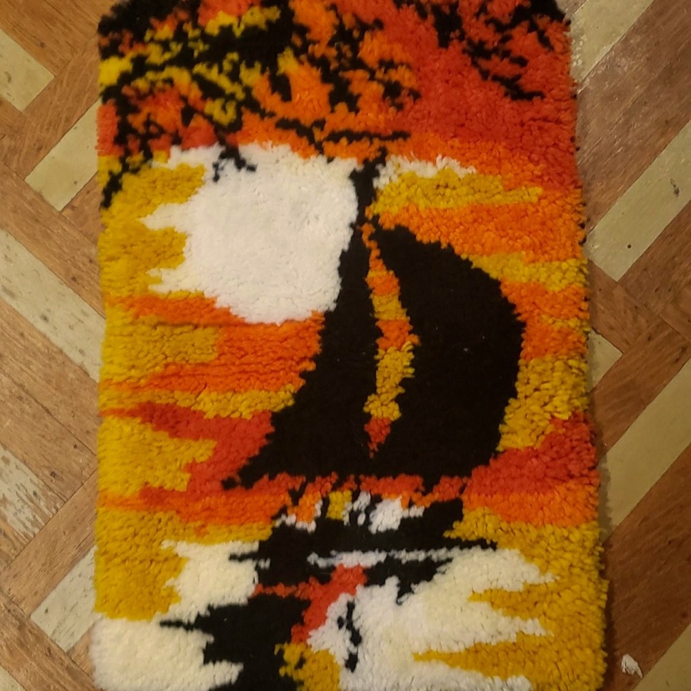 Vintage 1970s handmade sailboat latchhook rug